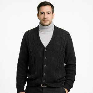 Nynit 100% Virgin Wool Cable Knit Button-Down Cardigan Sweater Mens Large Black